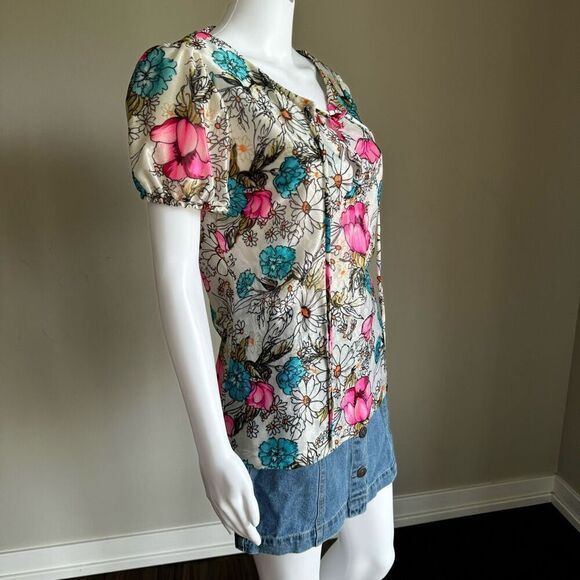 Vintage 79’s Peasant Blouse With Retro Neon Flowers - Picture 3 of 4